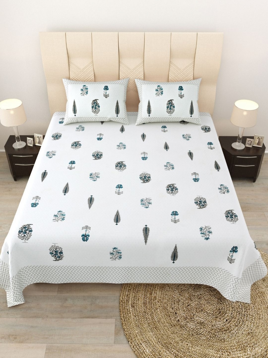 

LIVING ROOTS Kalakriti White Floral Pure Cotton 250 TC King Bedsheet Set 2.28 m x 2.64 m