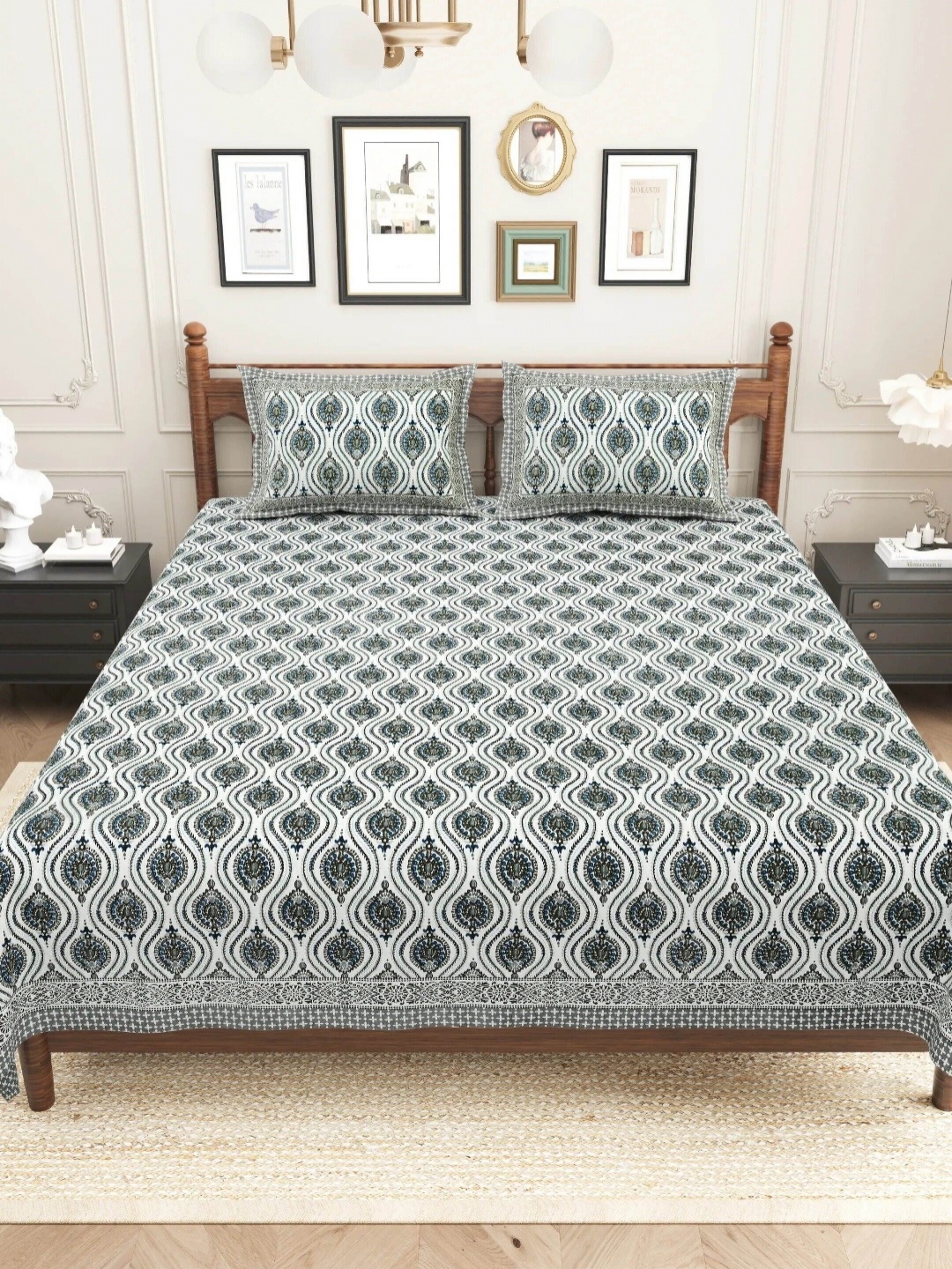 

LIVING ROOTS Sanganeri Grey Printed 250 TC Pure Cotton King Bedsheet Set 2.13 m x 2.64 m