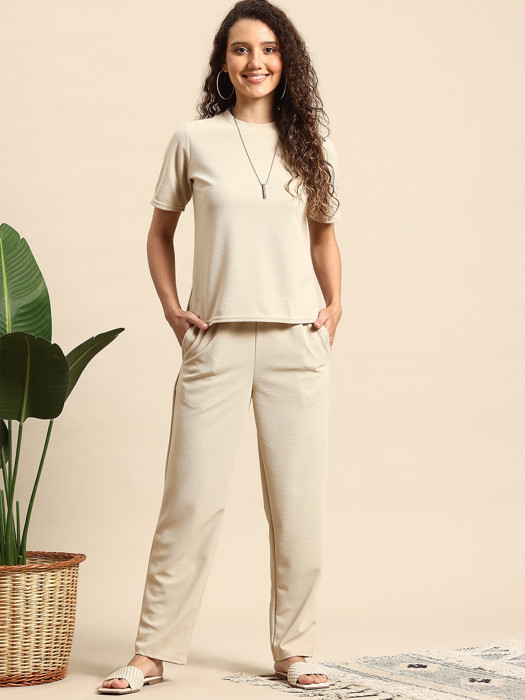 

Mast & Harbour Textured T Shirt with Trouser Co Ord set, Cream