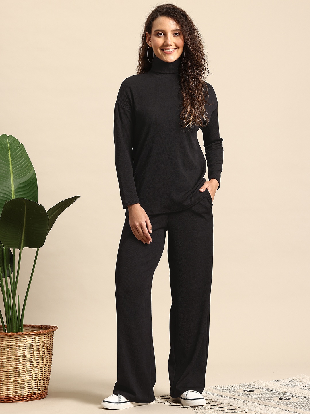 

Mast & Harbour Ribbed Turtle Neck T-Shirt with Trouser Co Ord Set, Black