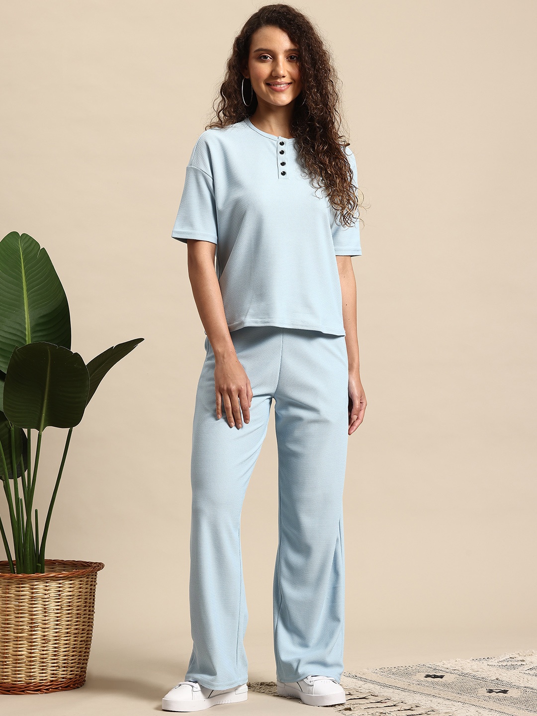 

Mast & Harbour Textured T Shirt with Trouser Co Ord set, Blue