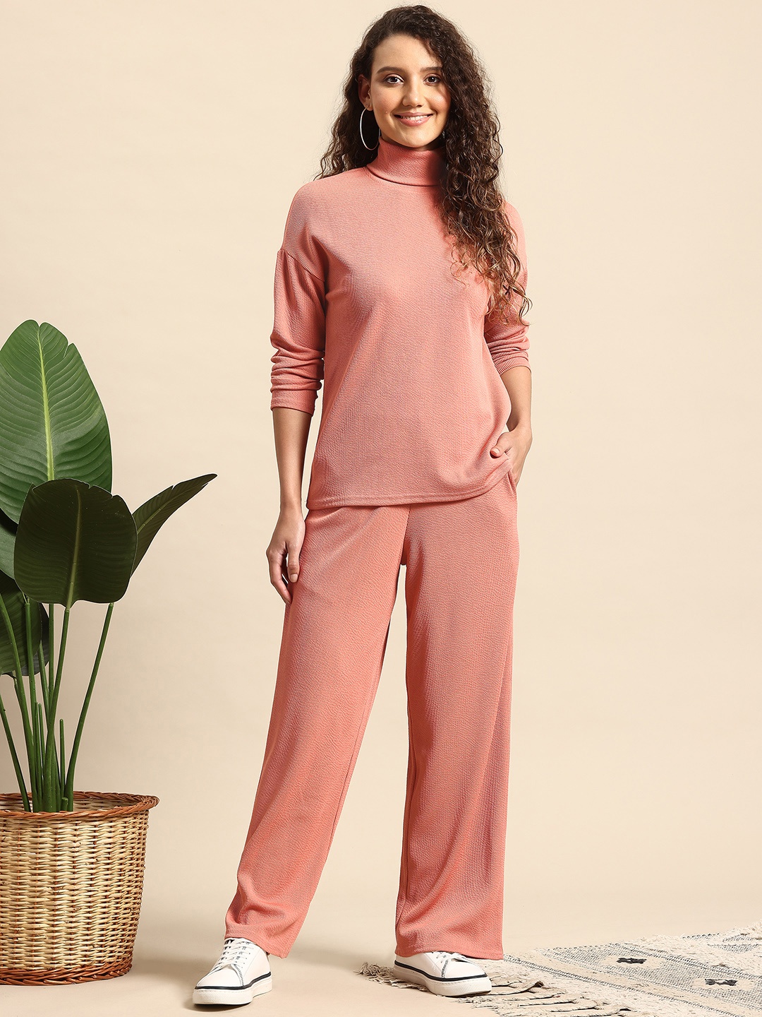 

Mast & Harbour Ribbed Turtle Neck T-Shirt with Trouser Co Ord Set, Peach