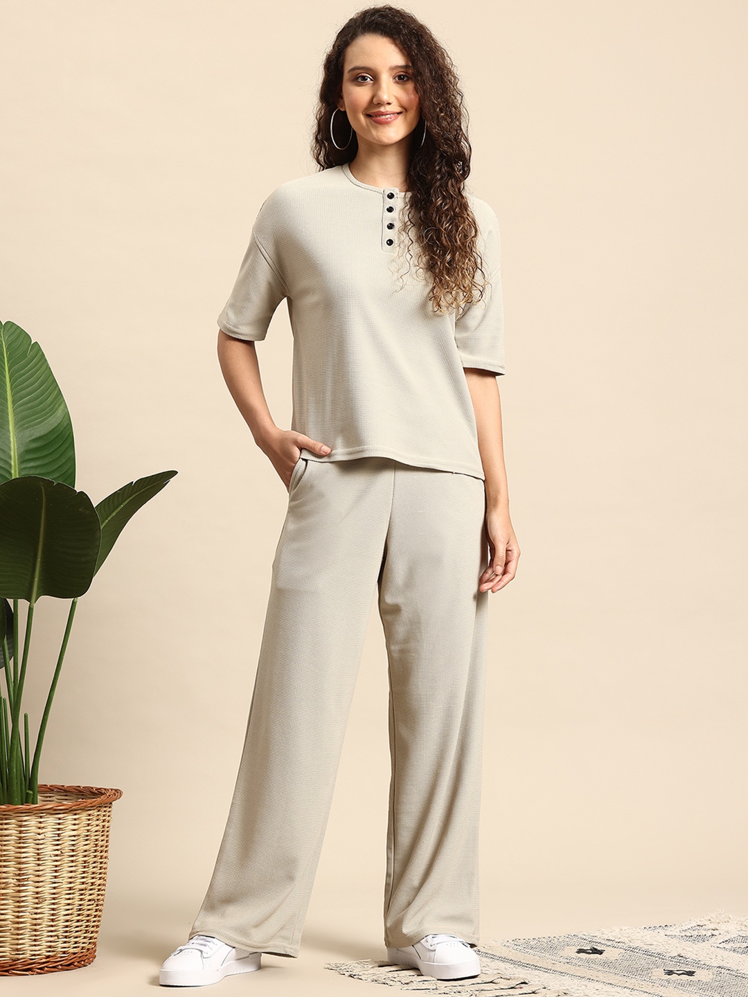 

Mast & Harbour Textured T Shirt with Trouser Co Ord set, Cream