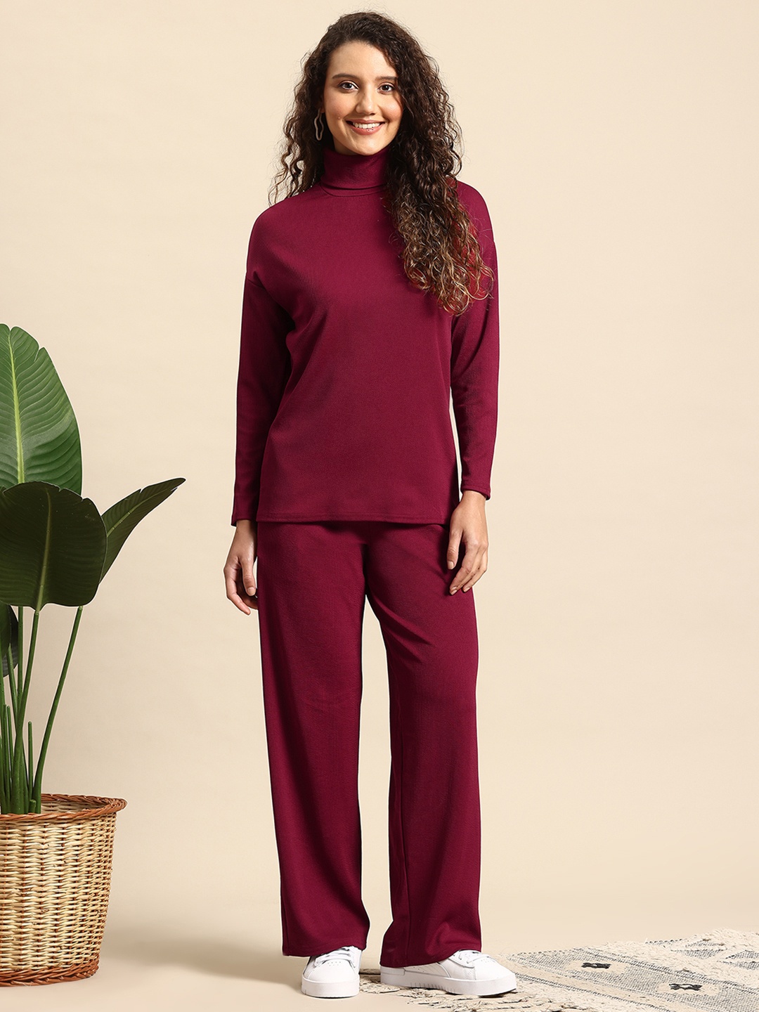 

Mast & Harbour Ribbed Turtle Neck T-Shirt with Trouser Co Ord Set, Maroon