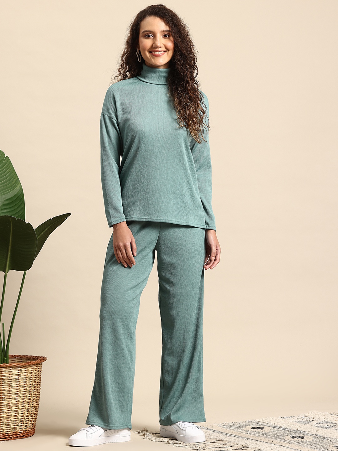 

Mast & Harbour Ribbed Turtle Neck T-Shirt with Trouser Co Ord Set, Green
