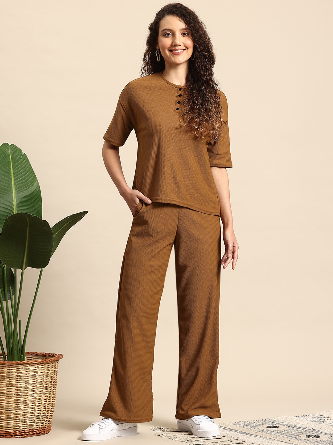 

Mast & Harbour Textured T Shirt with Trouser Co Ord set, Mustard