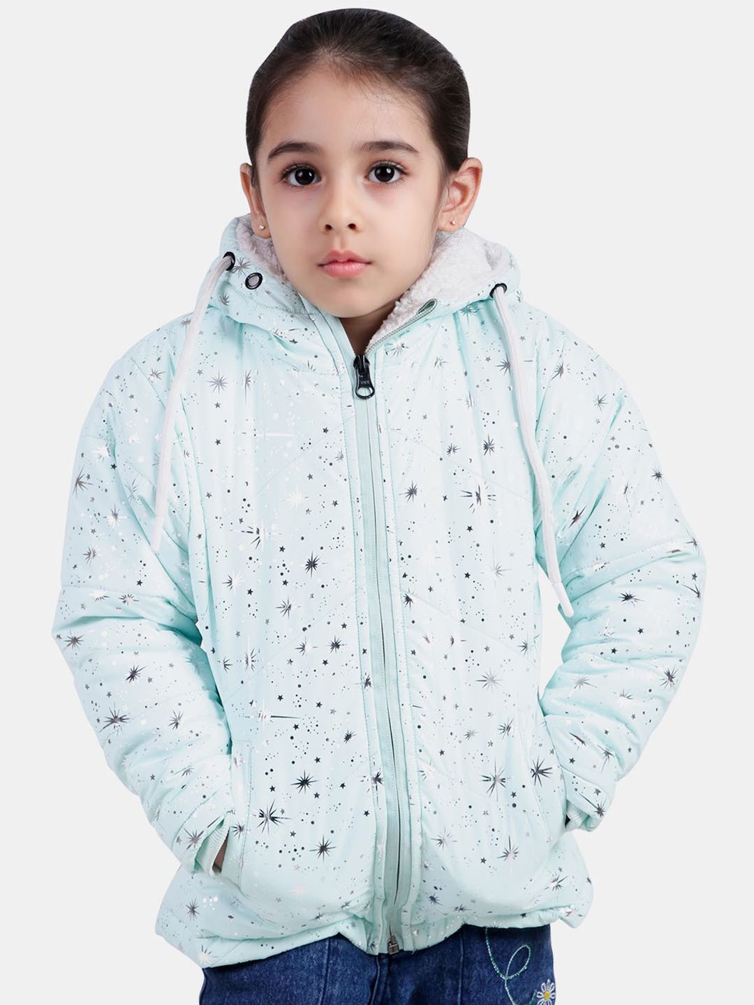 

WELL QUALITY Girls Hooded Abstract Printed Casual Padded Lightweight Jacket, Blue
