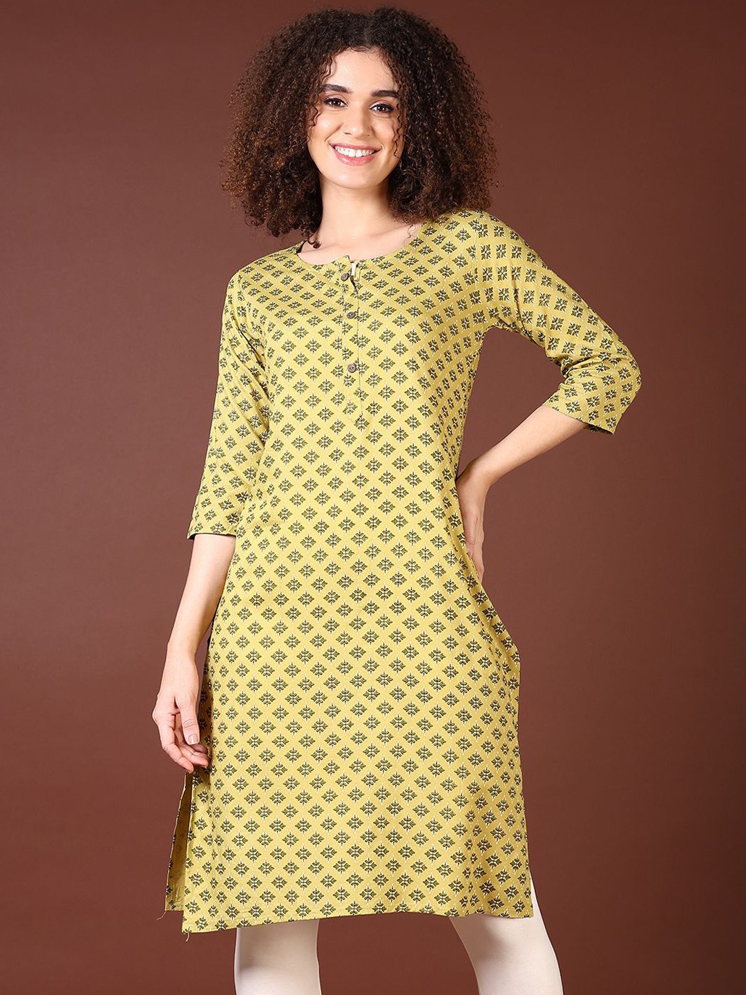 

V-Mart Ethnic Motifs Printed Round Neck Straight Kurta, Mustard