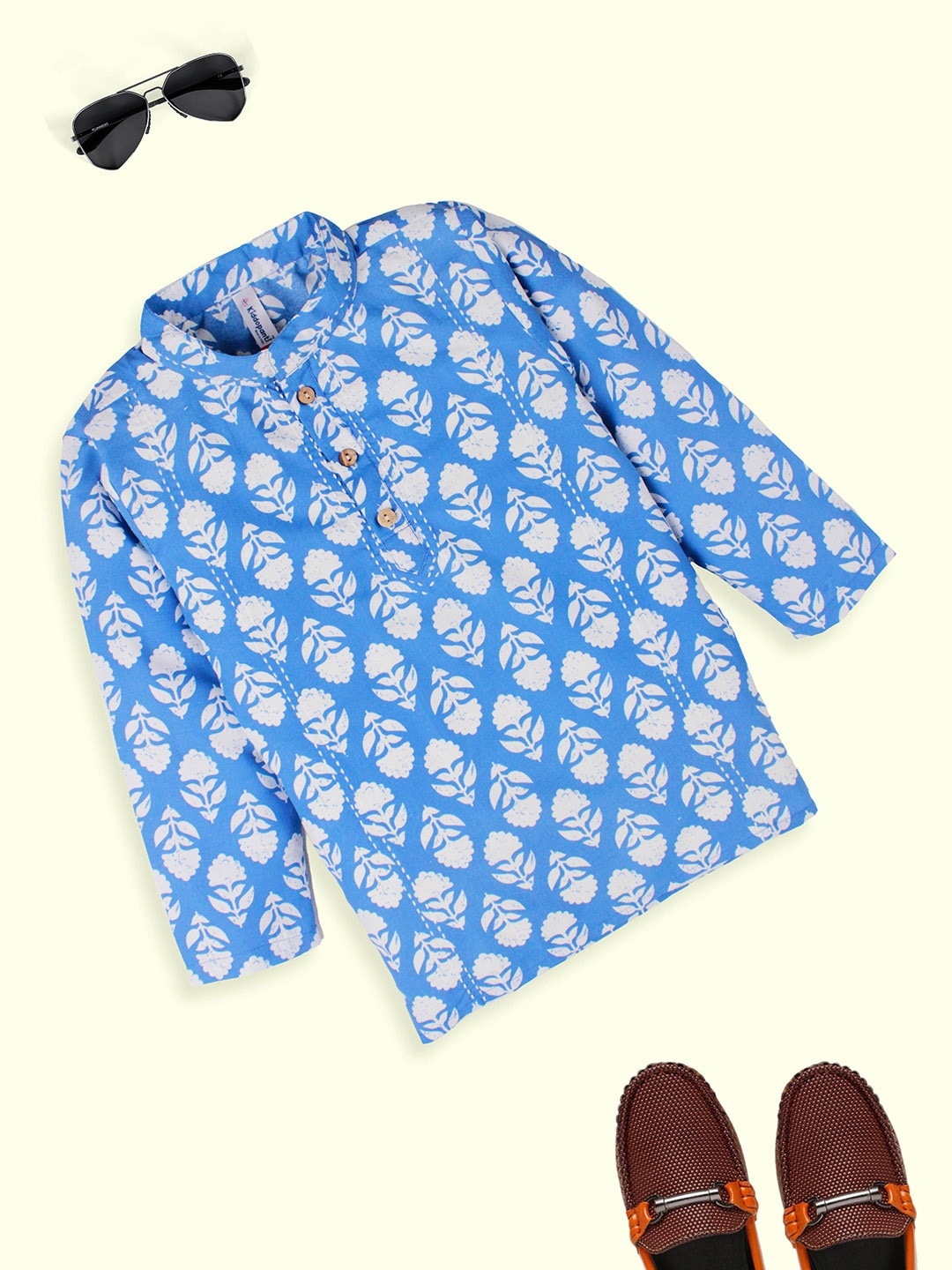 

KiddoPanti Boys Ethnic Motifs Printed Thread Work Pure Cotton Straight Kurta, Blue