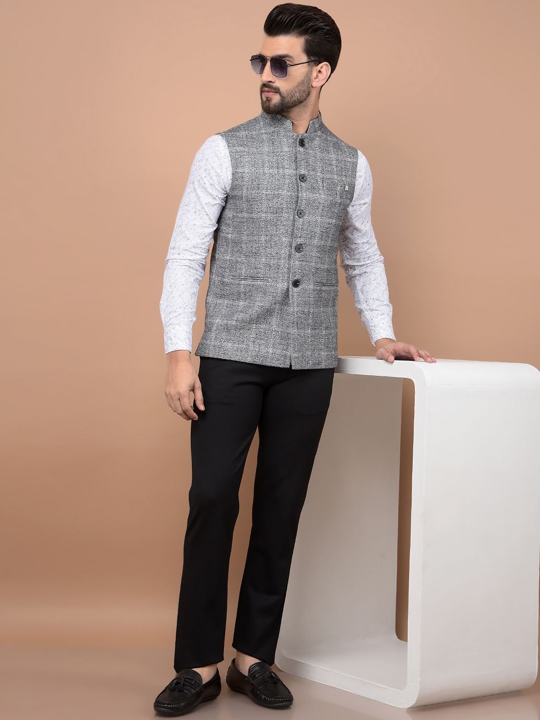 

Crimsoune Club Checked Mandarin Collar Nehru Jacket, Grey