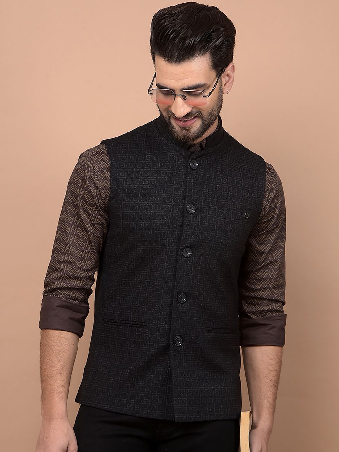 

Crimsoune Club Printed Mandarin Collar Corduroy Nehru Jacket, Black