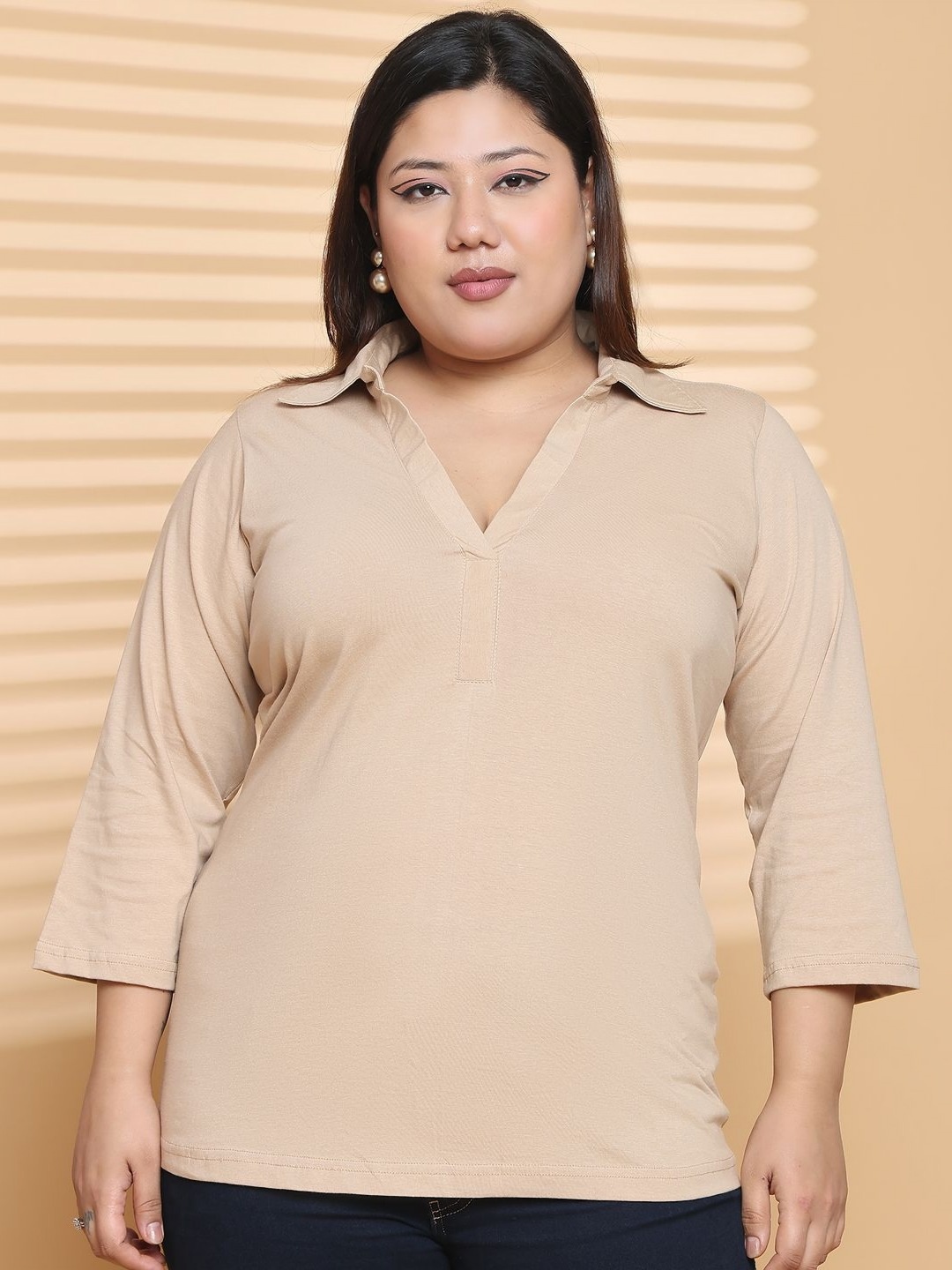 

theRebelinme Women Plus Size Solid Shirt Style Pure Cotton Top, Beige