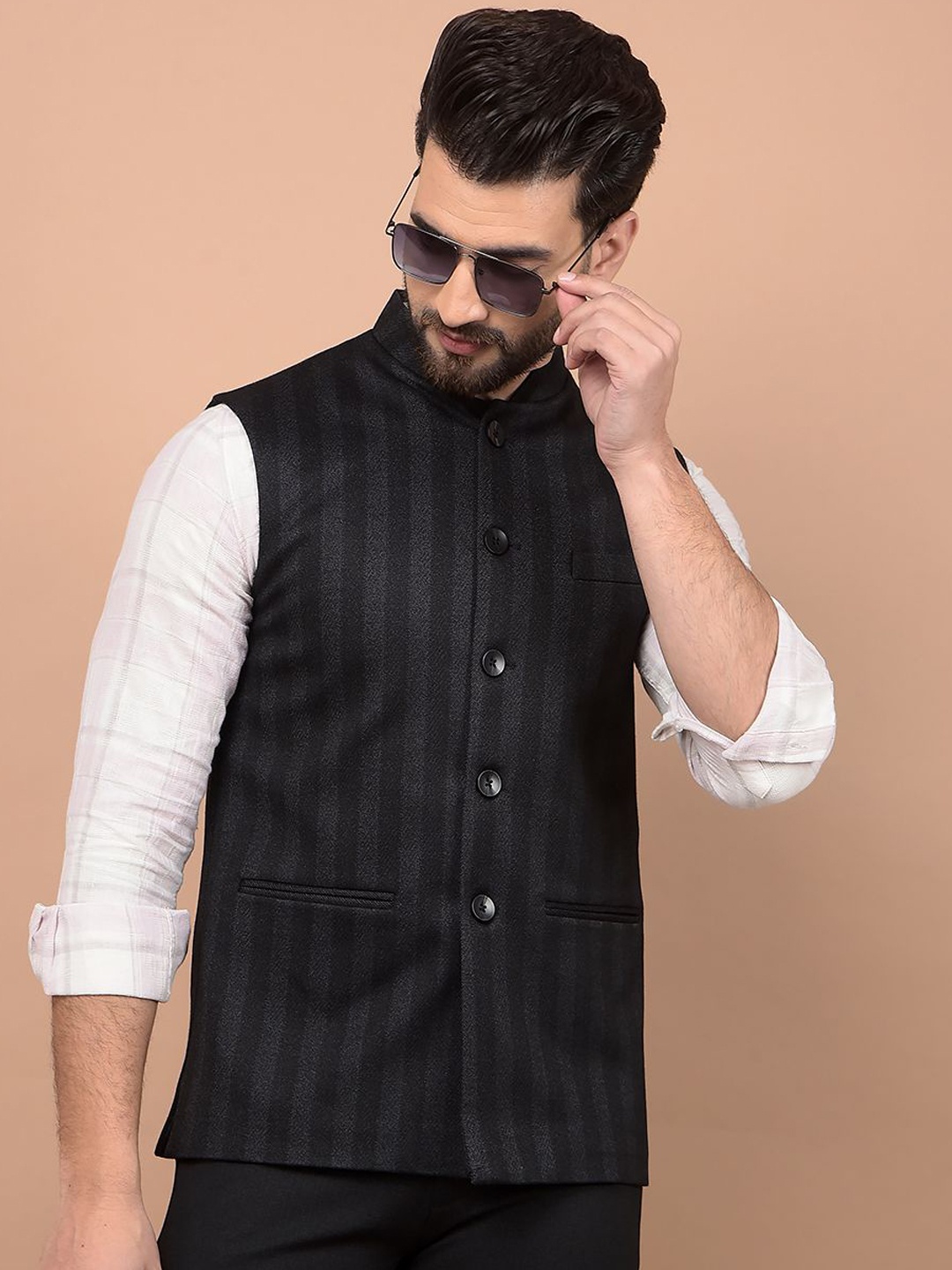 

Crimsoune Club Striped Mandarin Collar Nehru Jacket, Black