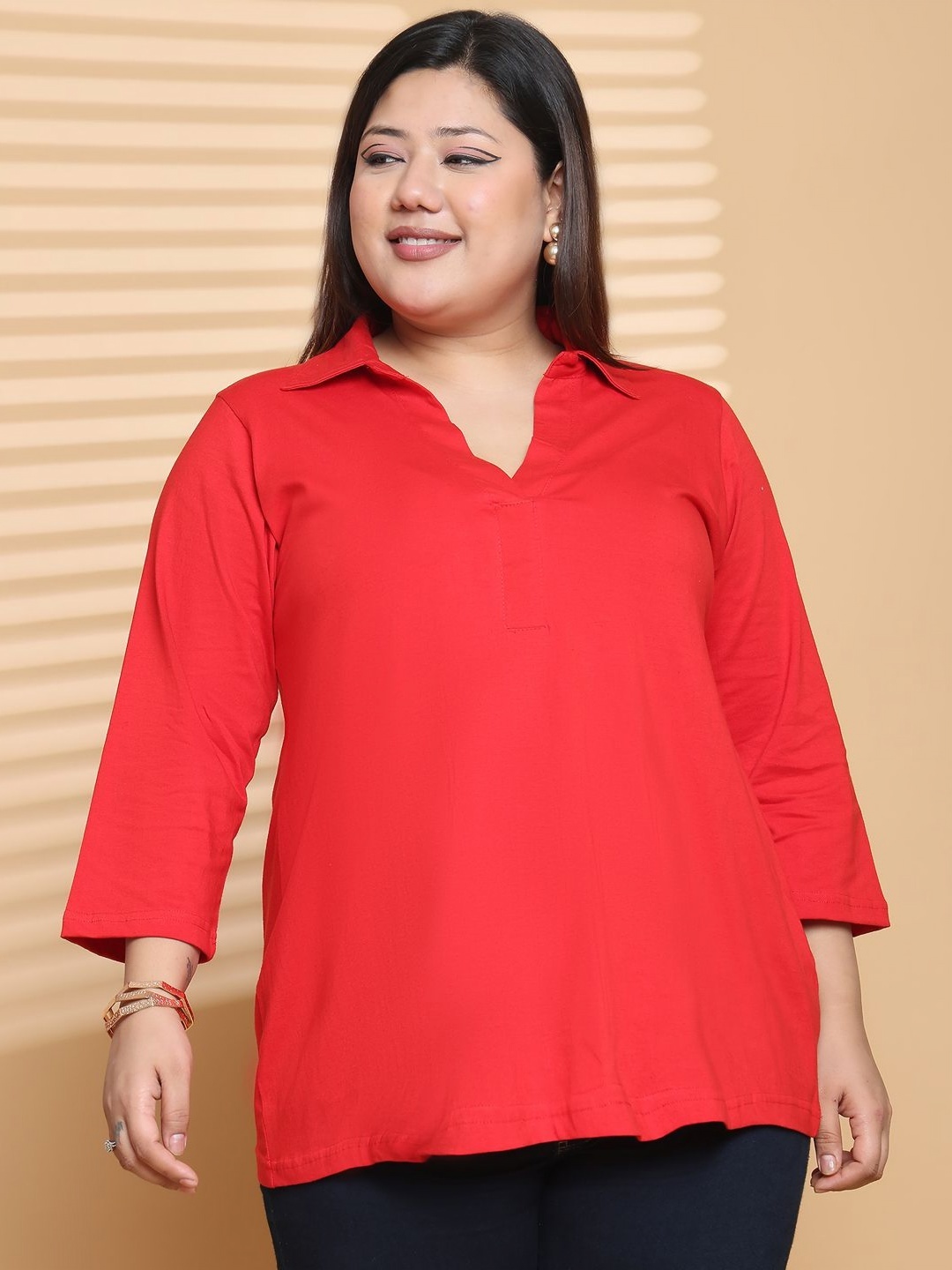 

theRebelinme Women Plus Size Solid Shirt Style Pure Cotton Top, Red