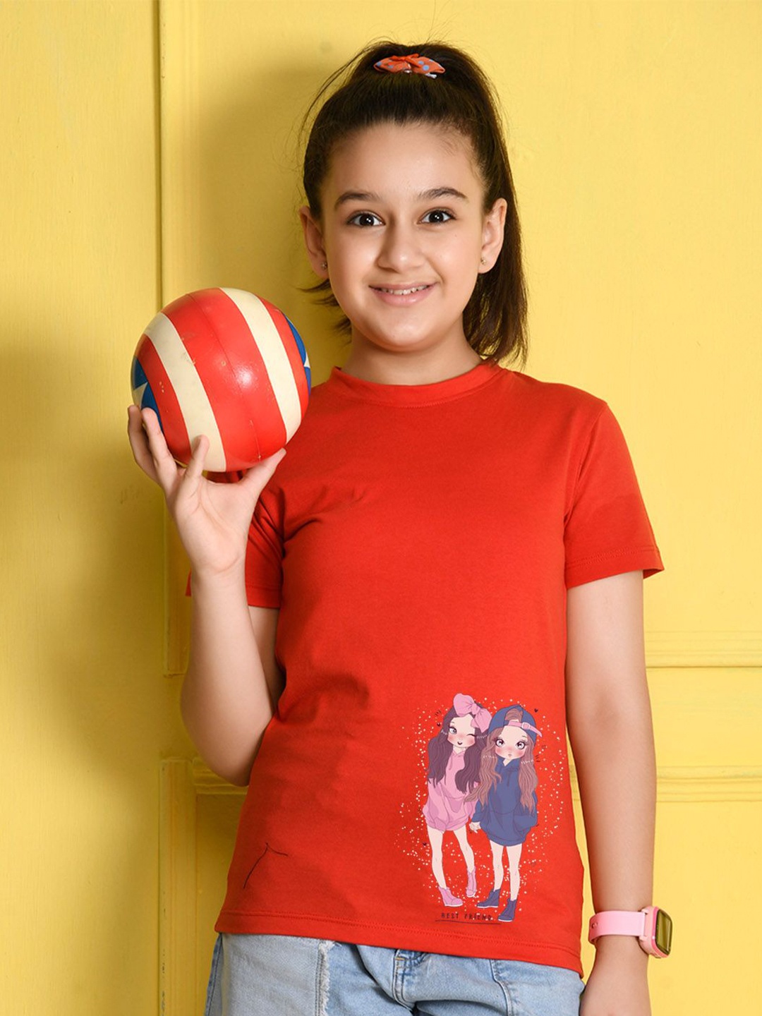 

NUSYL Girls Graphic Printed Round Neck Cotton T-shirt, Red