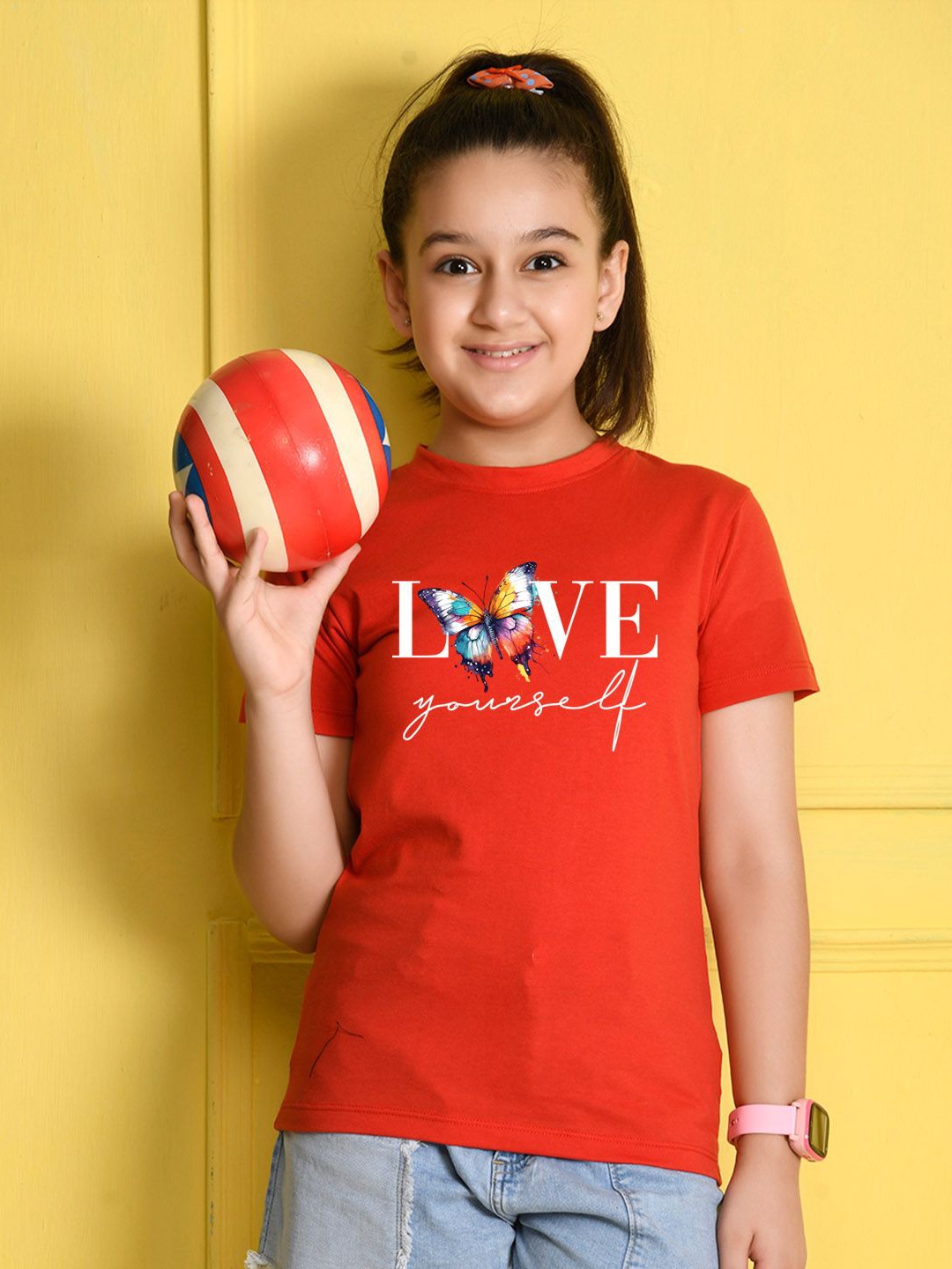 

NUSYL Girls Graphic Printed Round Neck Cotton T-shirt, Red
