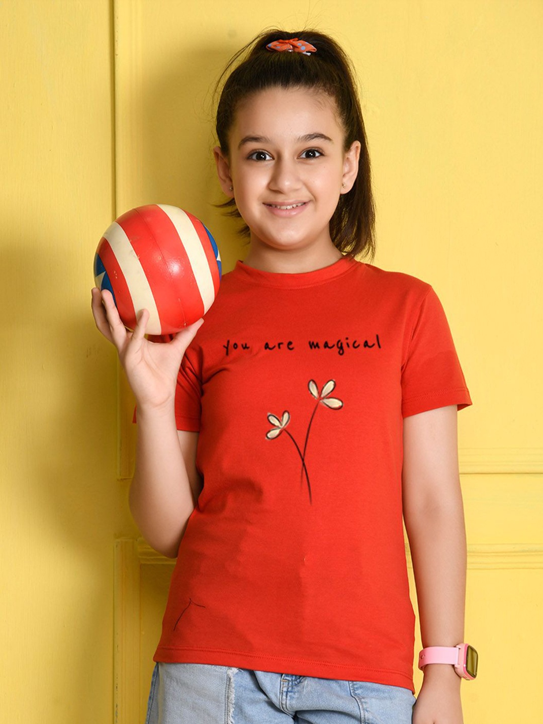 

NUSYL Girls Typography Printed Round Neck Cotton T-shirt, Red