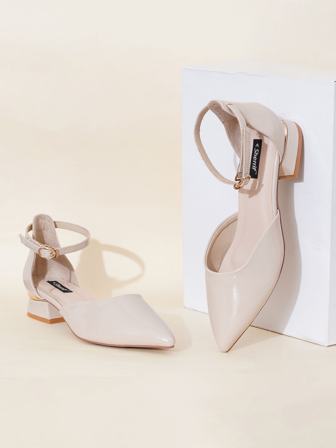 

Sherrif Shoes PU Block Pumps with Buckles, Beige