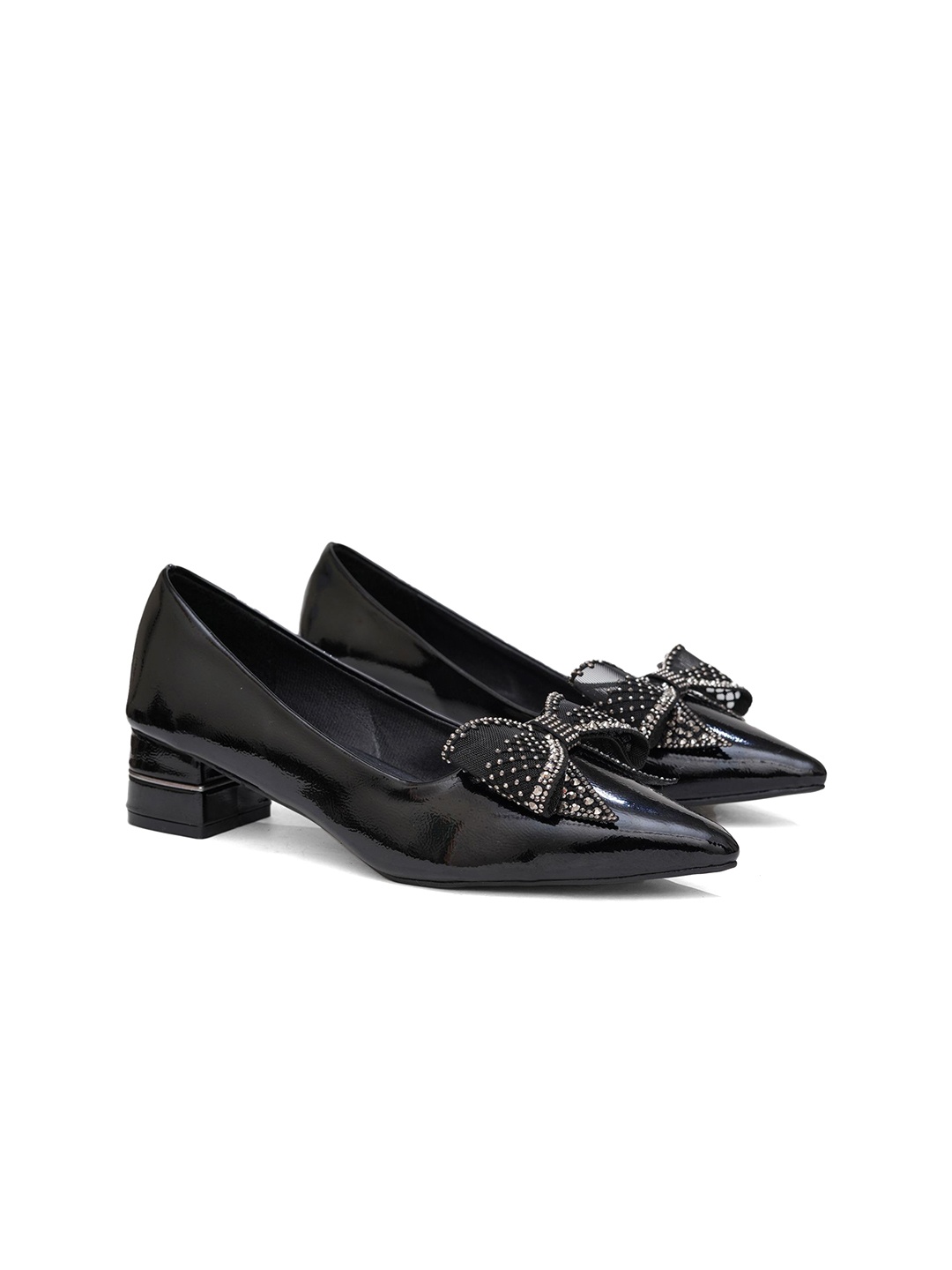 

Sherrif Shoes PU Block Pumps with Bows, Black