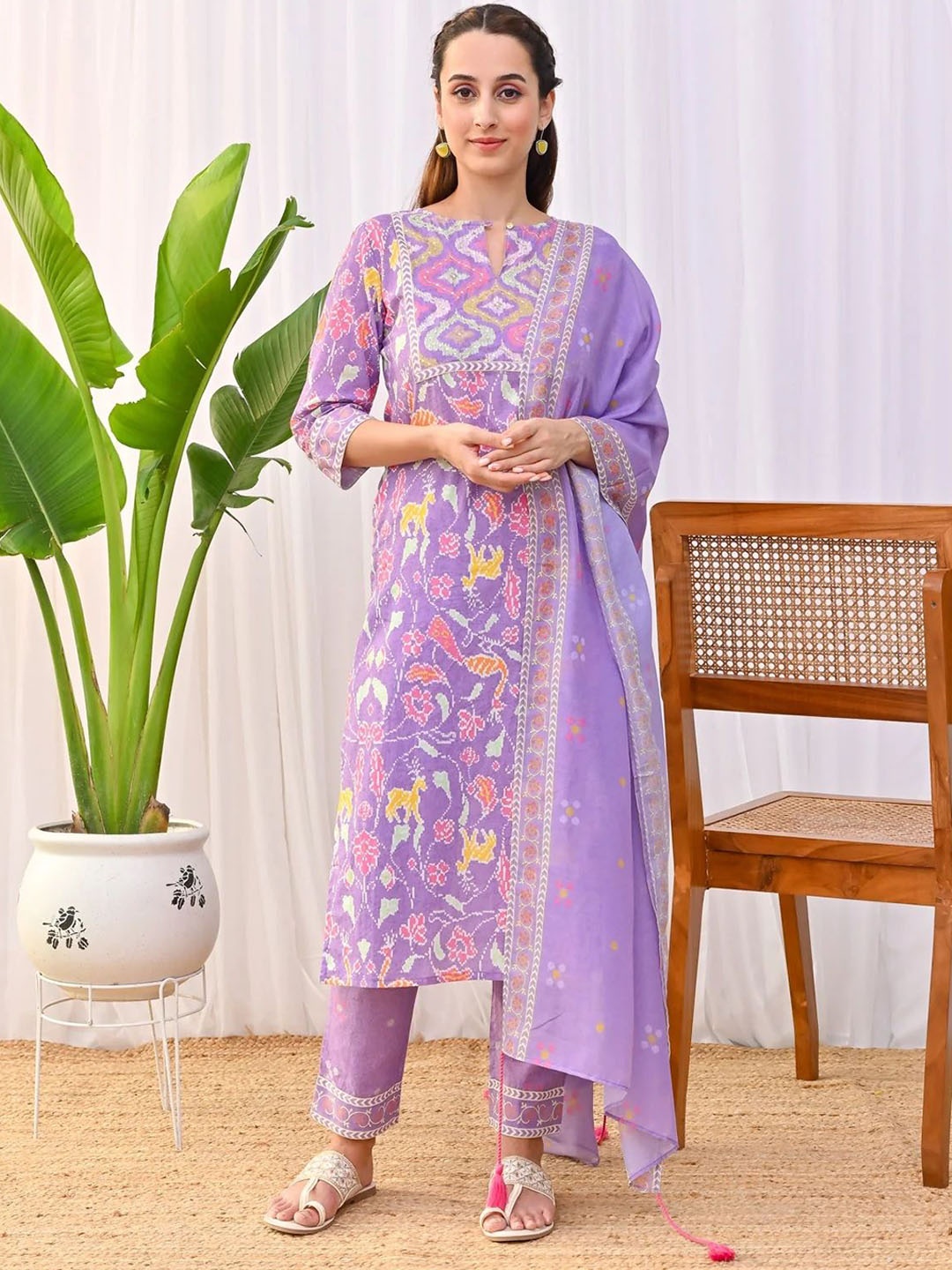 

KALINI Floral Printed Straight Kurta With Trousers & Dupatta, Purple