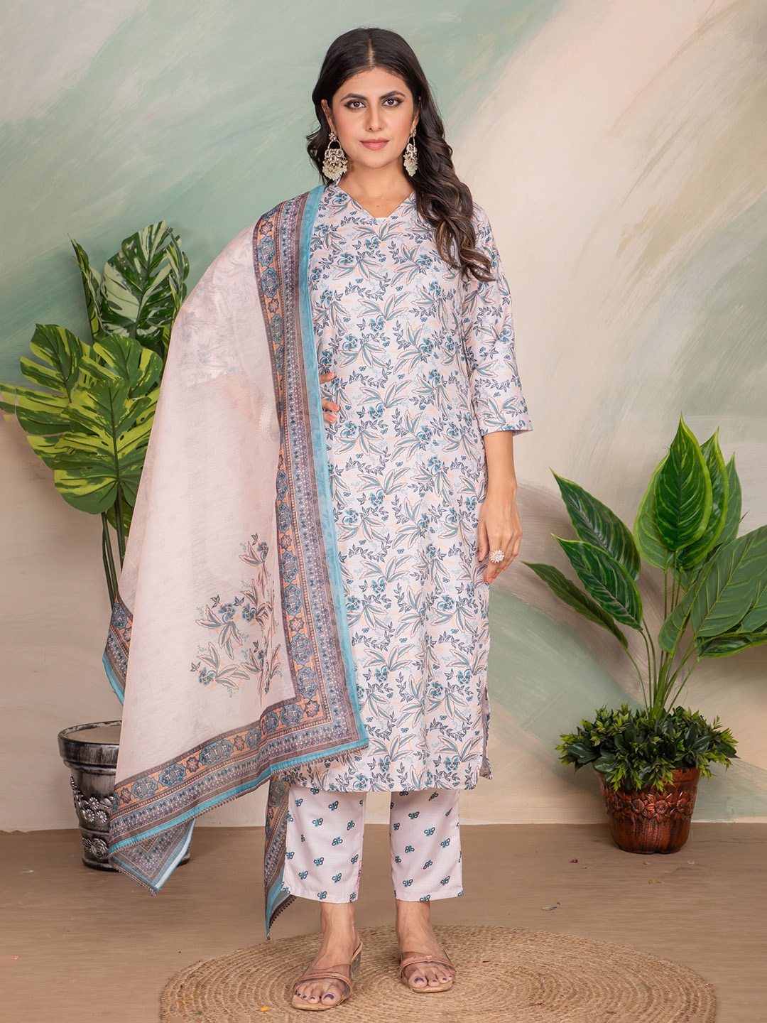

KALINI Floral Printed Straight Kurta With Trousers & Dupatta, White