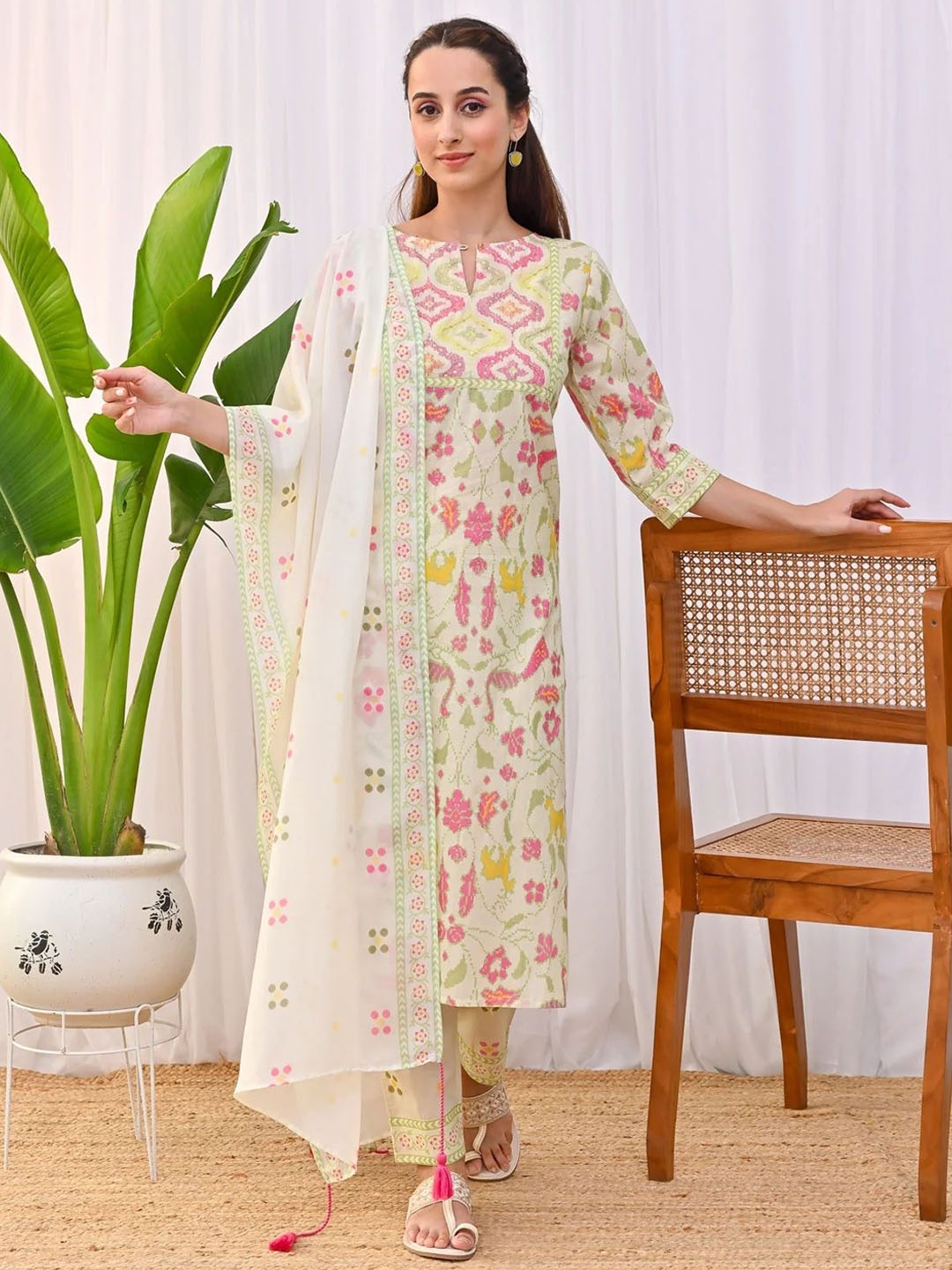 

KALINI Women Floral Printed Regular Sequinned Kurta with Trousers & With Dupatta, Cream