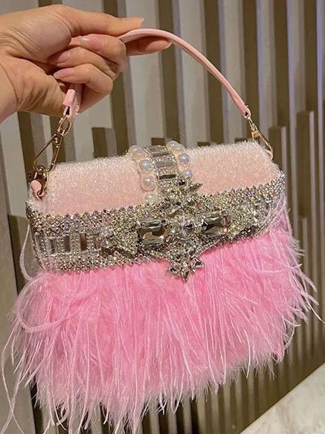 

PURPLE WINGS Women Embellished Structured Leather Handheld Bag, Pink