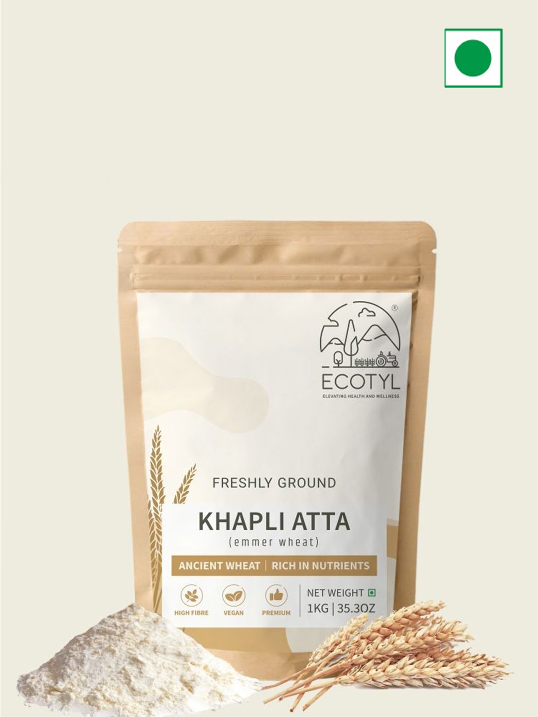 

Ecotyl Khapli Emmer Wheat Low Gluten Atta - 1 kg, Brown