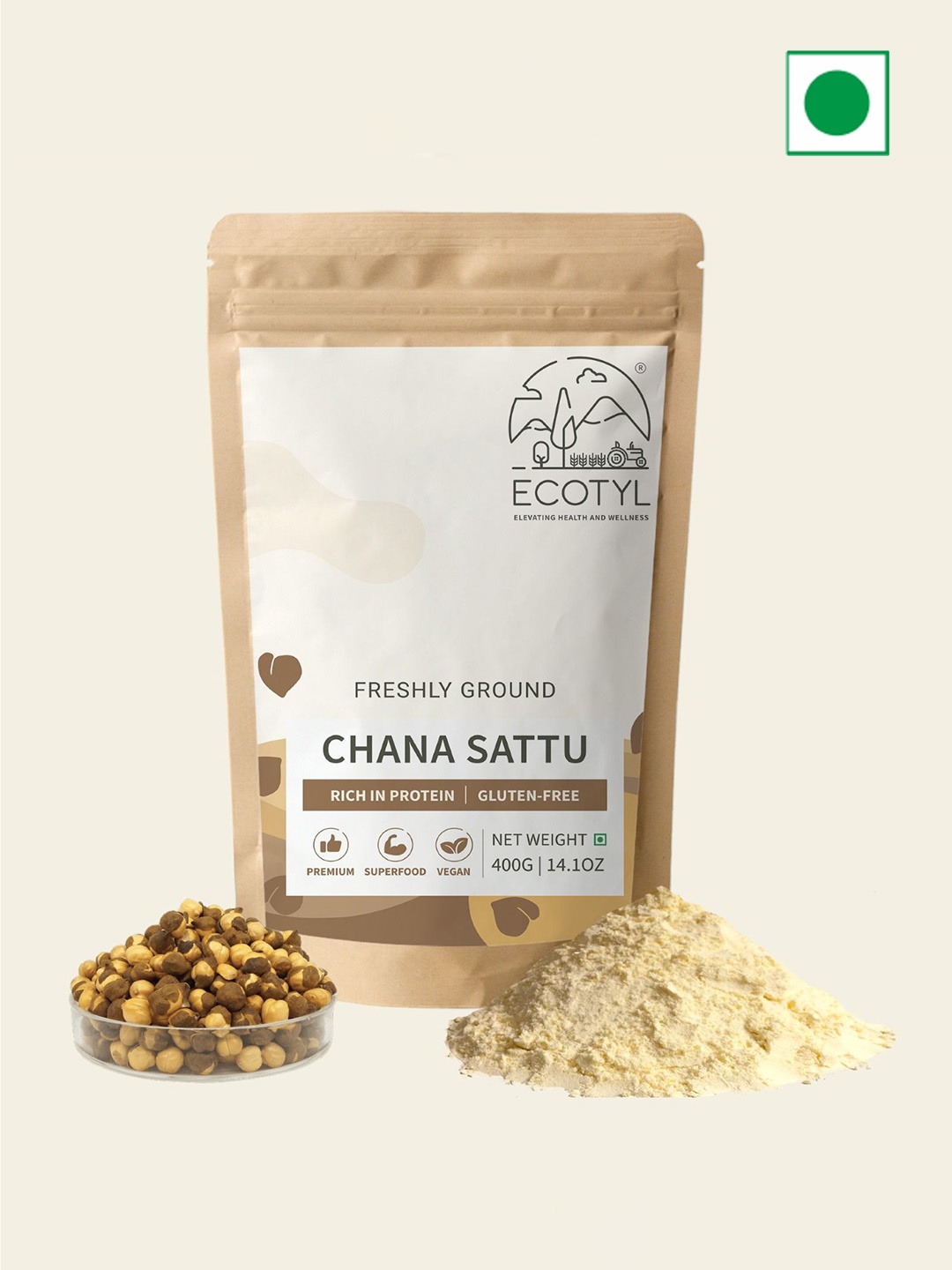 

Ecotyl Gluten Free Keto Friendly Sattu Roasted Gram Flour Atta - 400 g, Brown