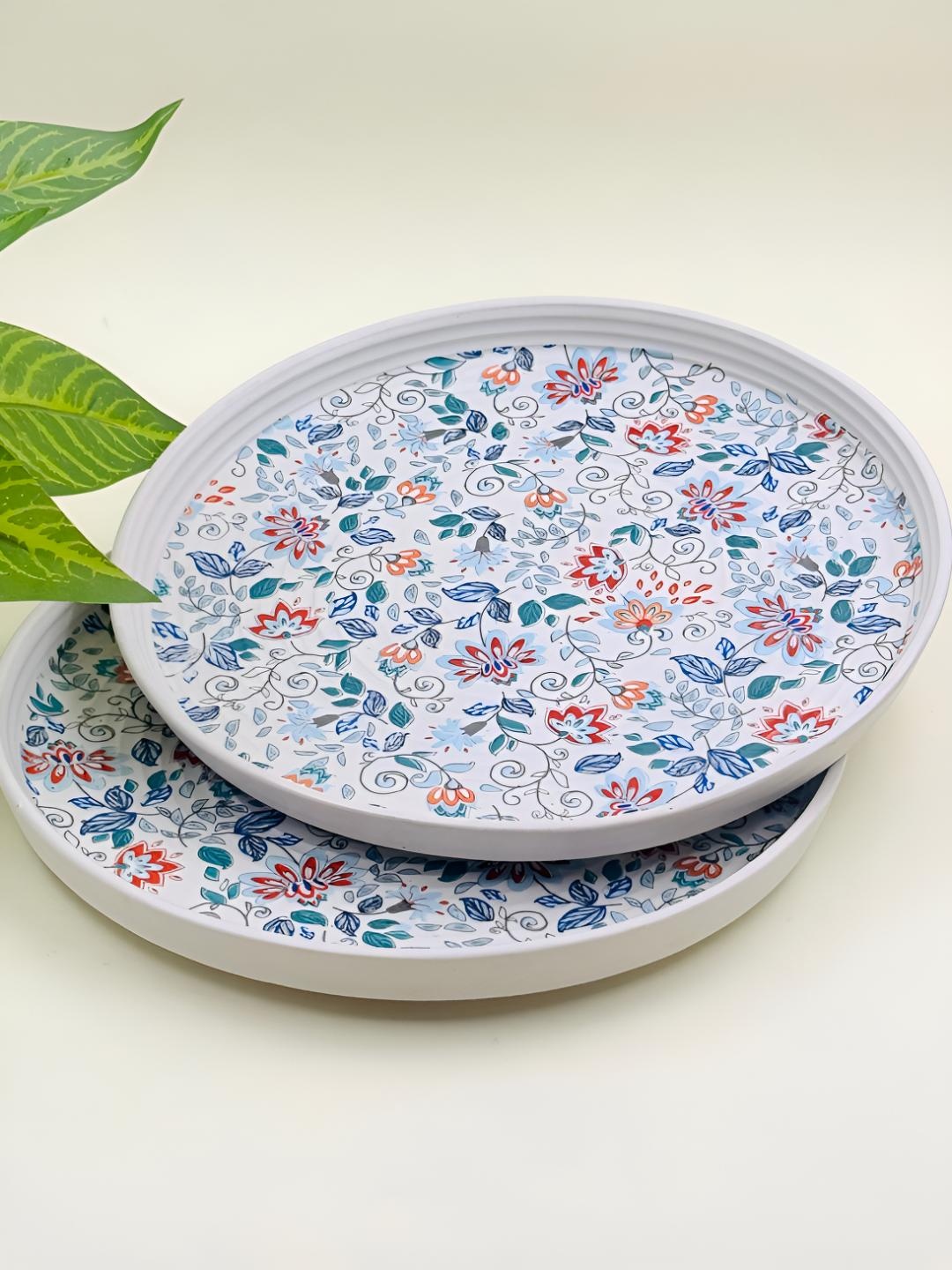 

Lupaava White & Blue 2 Pieces Floral Printed Ceramic Dishwasher Safe Plates