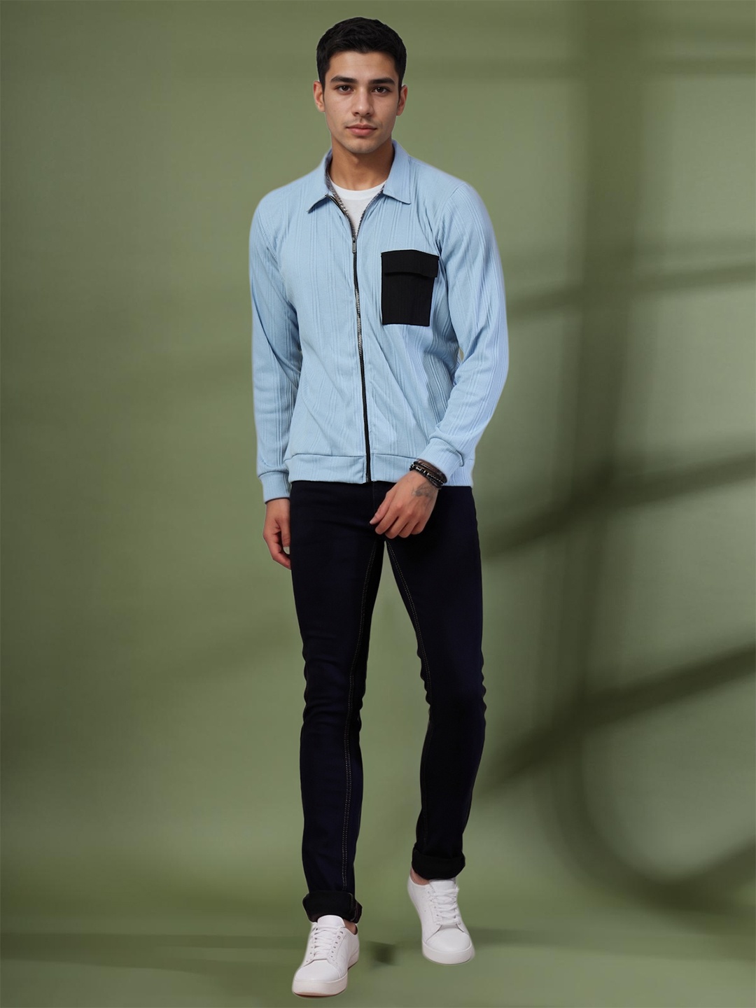 

Rigo Men Self Design Striped Spread Collar Cotton Casual Jacket, Blue