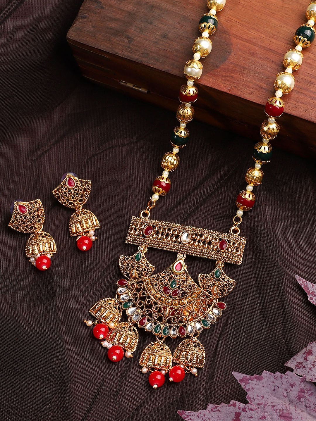 

Styylo Jewels Gold Plated Crystal Stone Studded & Beaded Meenakari Jewellery Set