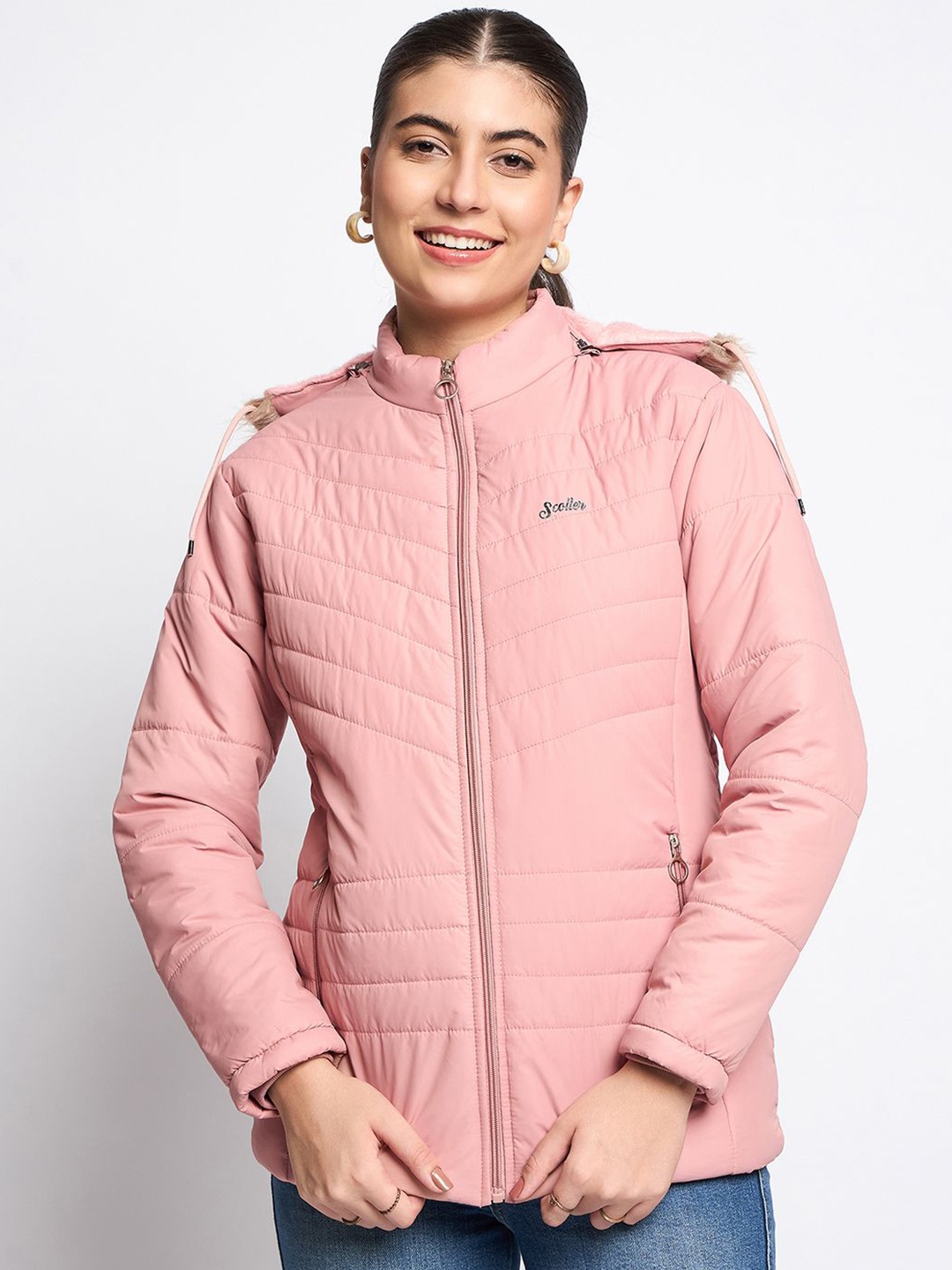 

SCOLLER Women Hooded Solid Casual Padded Jacket, Pink