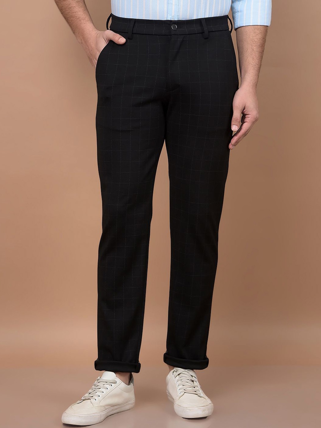 

Crimsoune Club Men Checked Smart Slim Fit Chinos Trousers, Black