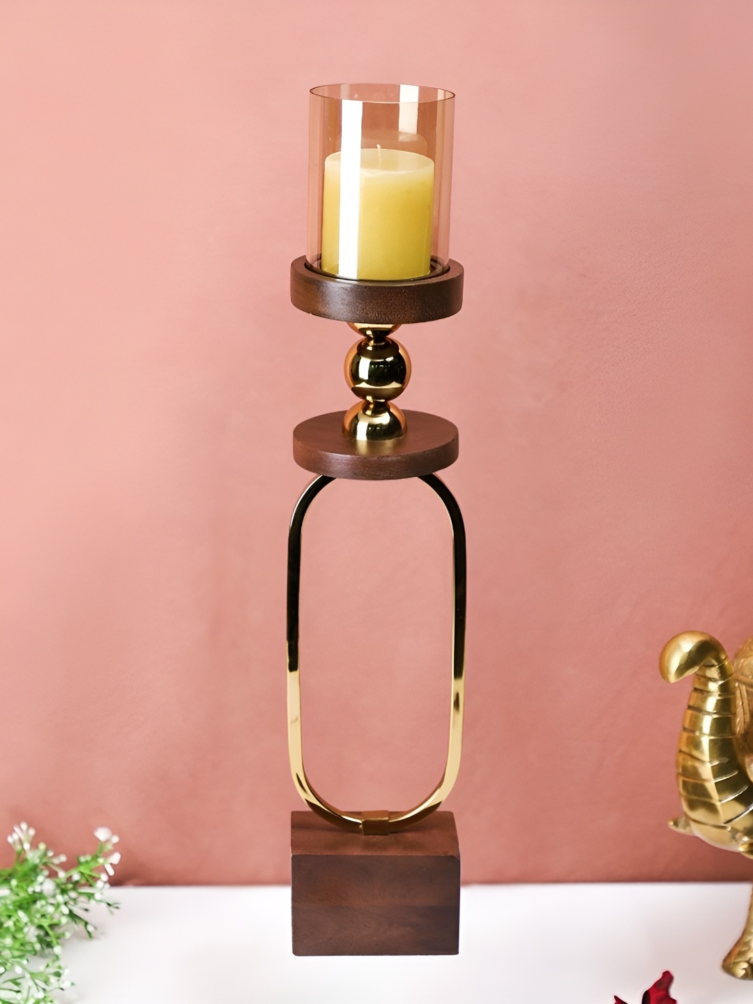 

THE HOME CO. Brown Wooden Glass Metal Candle Holder
