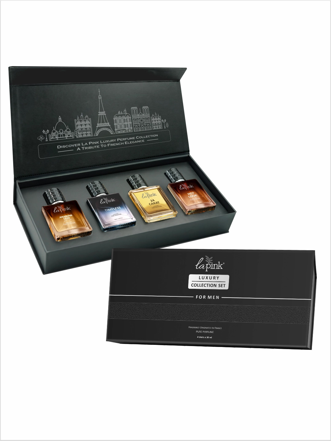 

La Pink Set Of 4 Hot Look, Arabian Oud, 24 Carat & Timeless Perfume - 30 ml Each, Transparent
