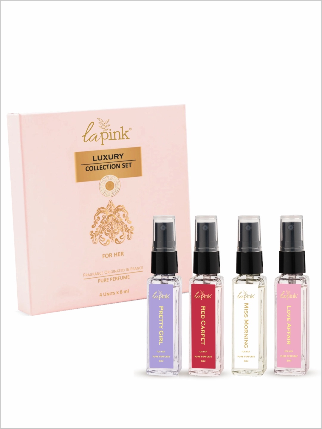 

La Pink Set Of 4 Love Affair, Miss Morning, Pretty Girl & Red Carpet Perfume -8 ml Each, Transparent