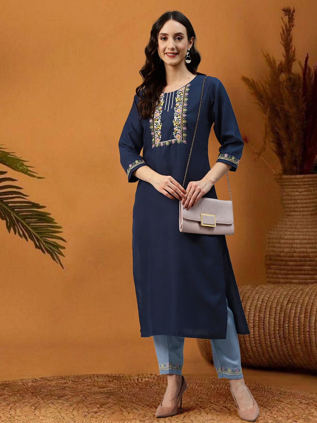 

SheWill Navy Blue Floral Yoke Design Round Neck Straight Kurta With Trousers
