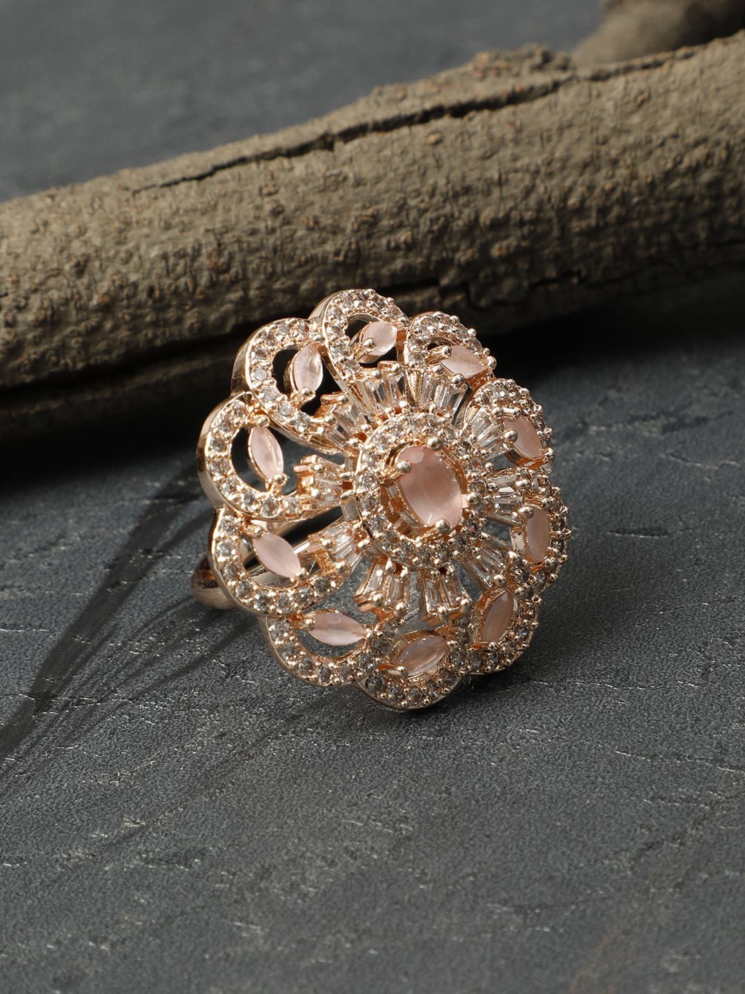 

VIVAZS Rose Gold Plated American Diamond-Studded Adjustable Finger Ring