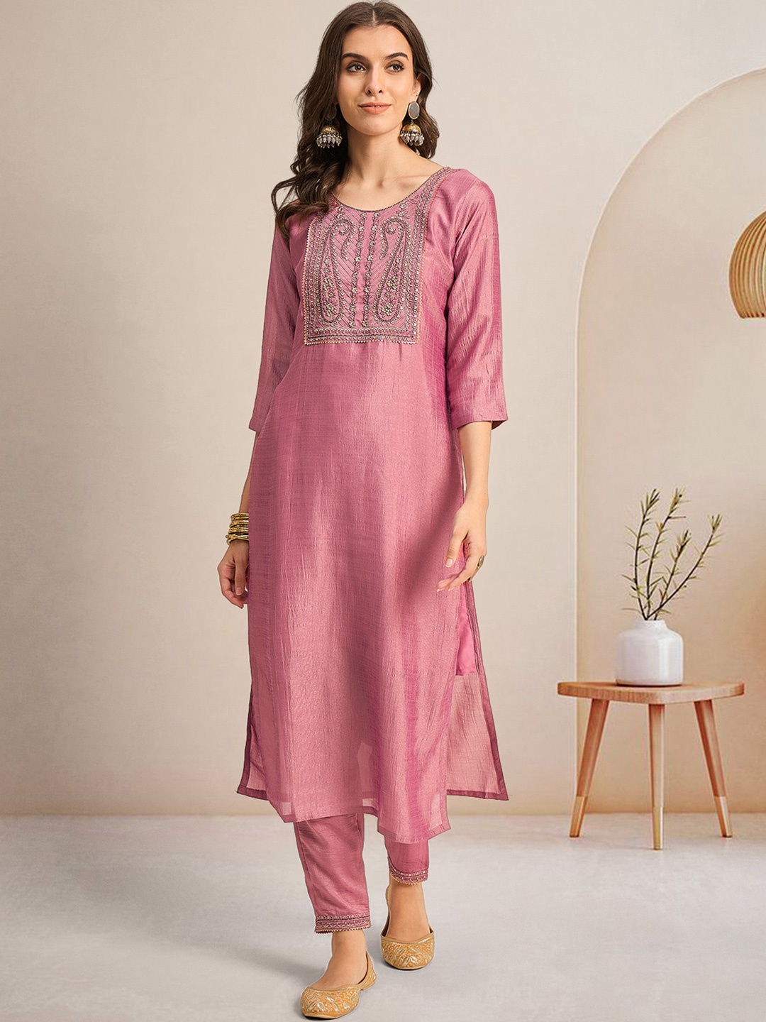 

SheWill Peach Paisley Embroidered Round Neck Sequinned Kurta With Trousers