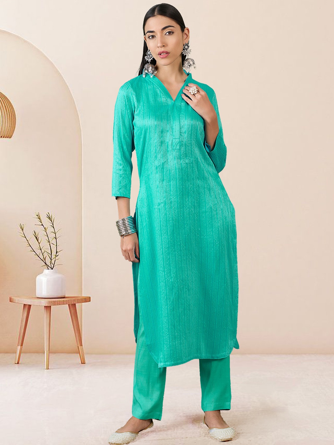 

SheWill Blue Striped Embroidered Sequinned Straight Kurta With Trouser