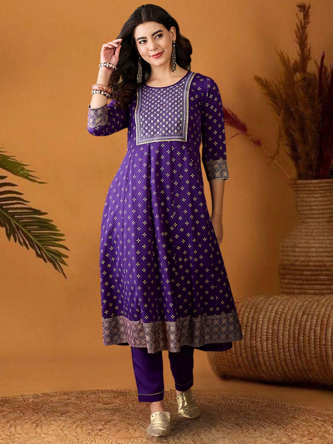 

SheWill Purple Floral Printed Panelled Thread Work Anarkali Kurta with Trousers