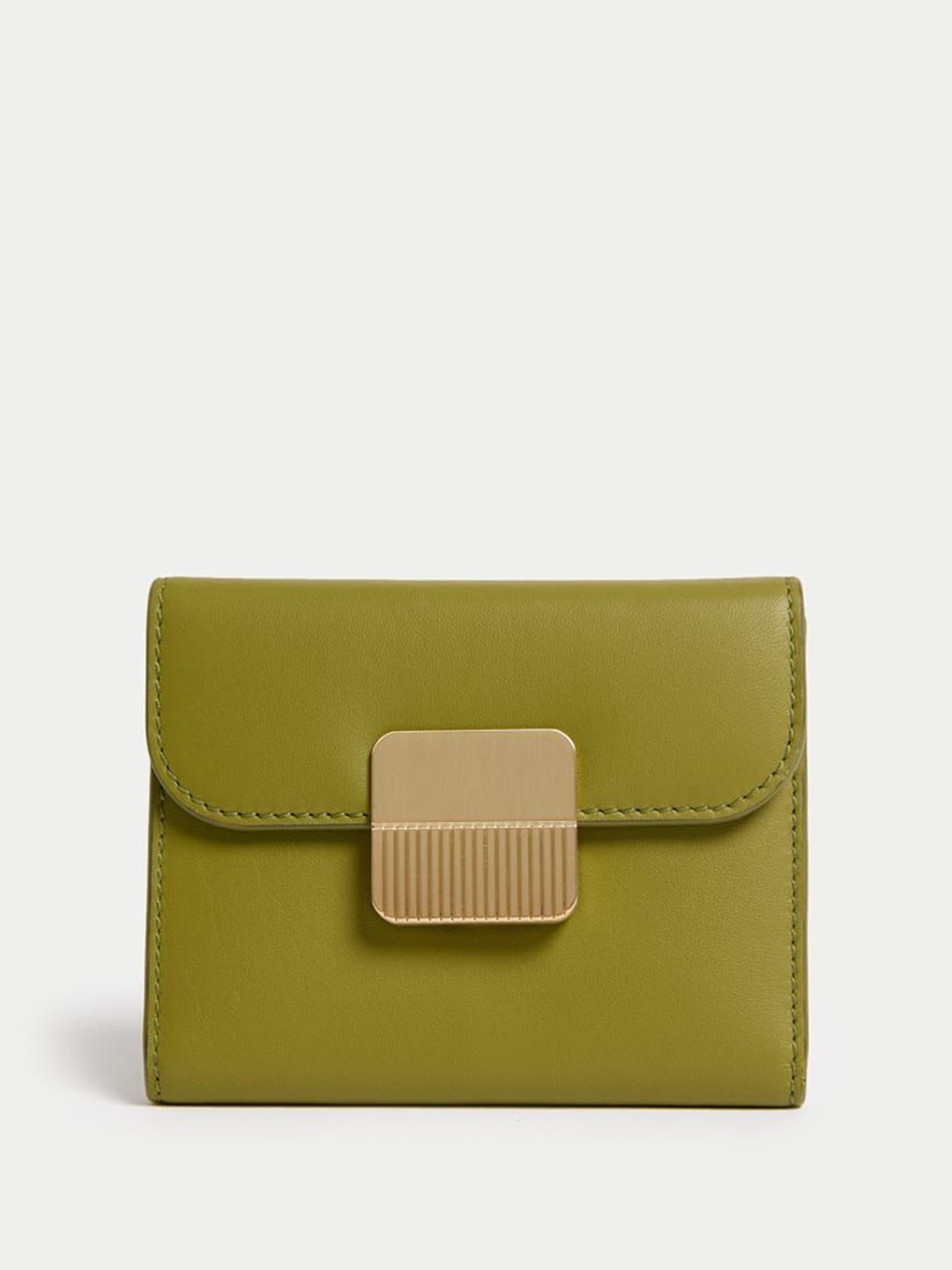 

Marks & Spencer Women Solid Leather Foldover Clutch, Green