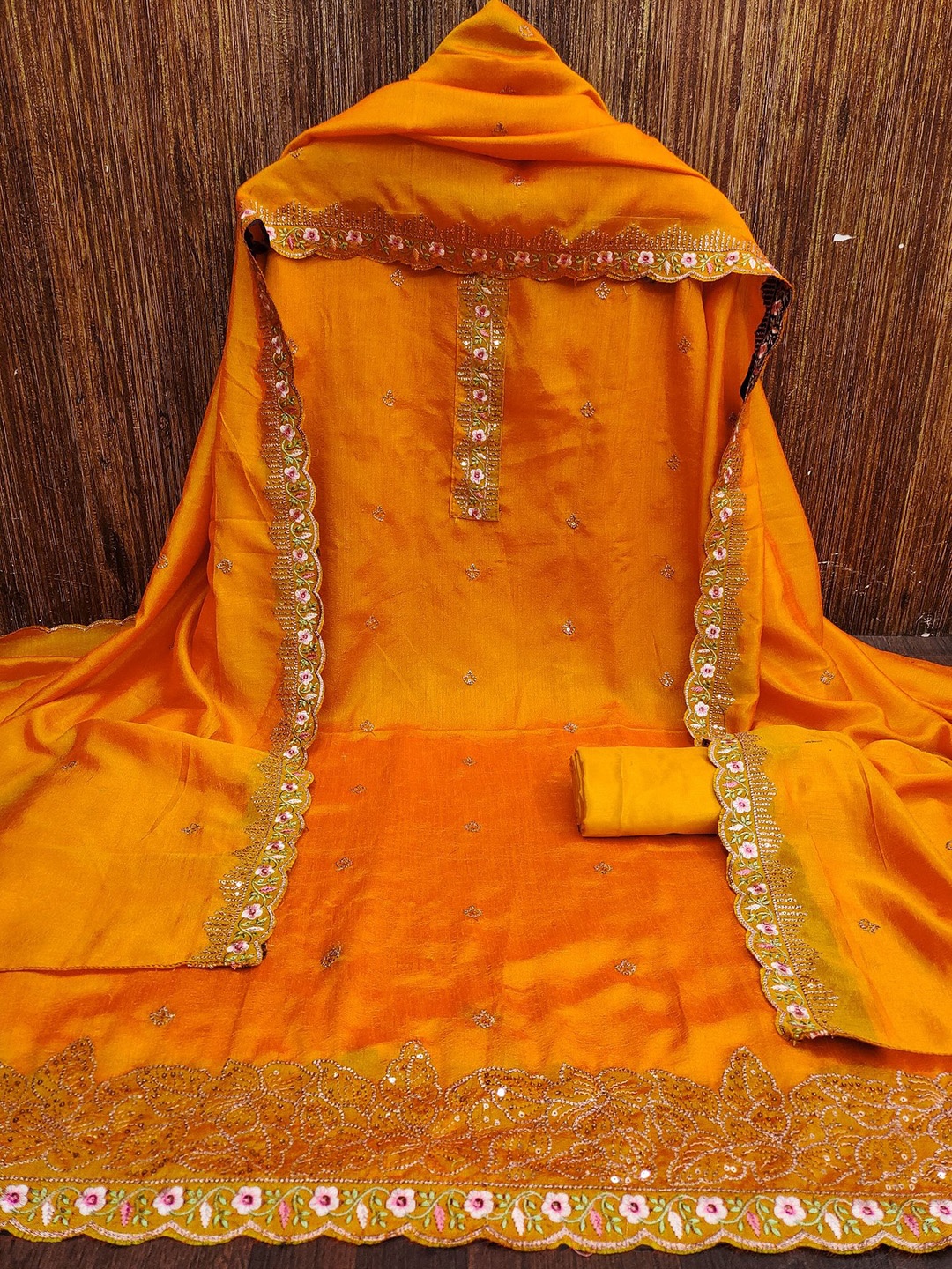 

A TO Z CART Floral Embroidered Sequinned Pure Silk Unstitched Dress Material, Orange