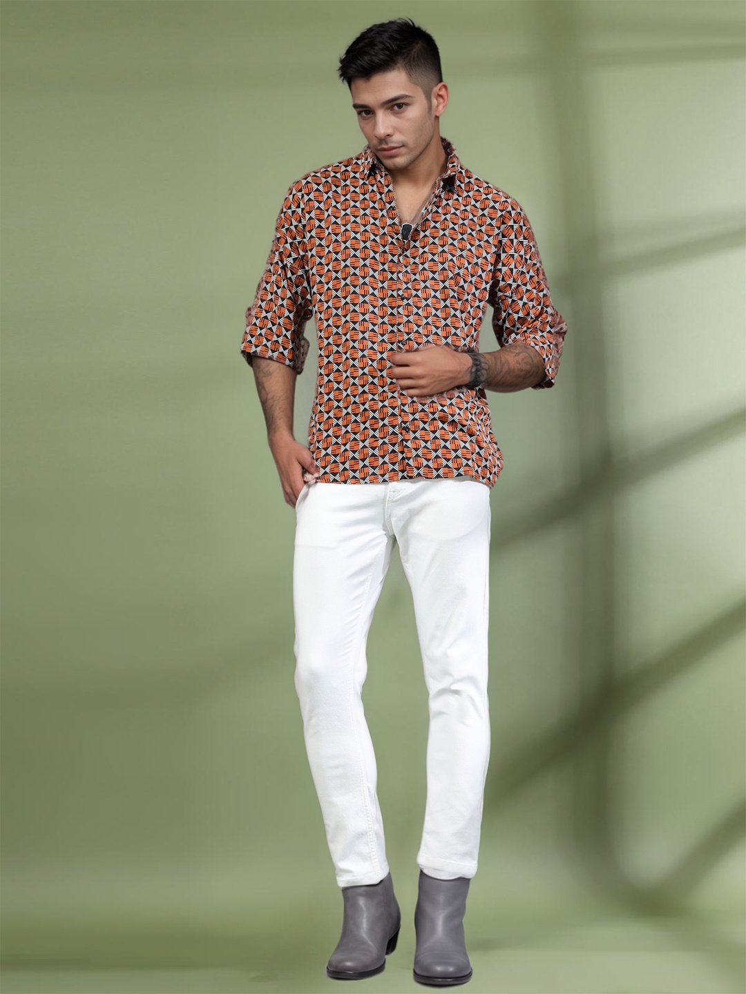 

Rigo Men Comfort Relaxed Fit Spread Collar Geometric Printed Casual Shirt, Orange