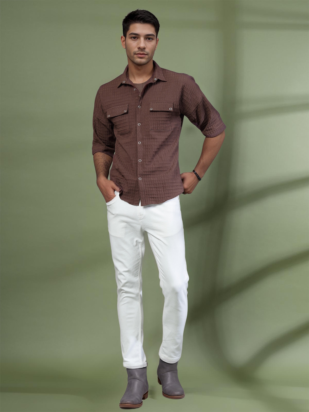 

Rigo Men Comfort Oversized Fit Cutaway Collar Textured Casual Shirt, Brown