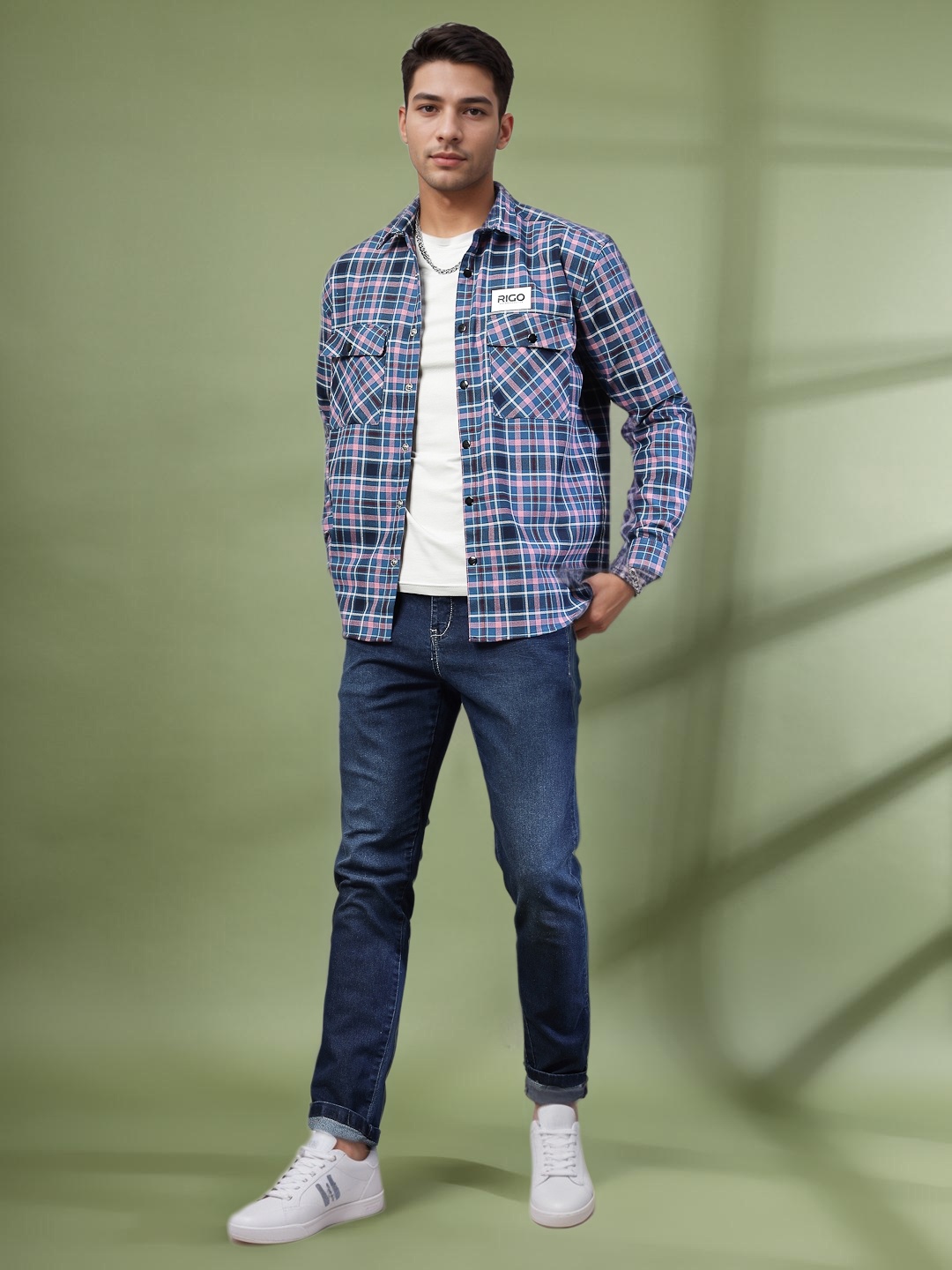 

Rigo Men Comfort Oversized Fit Spread Collar Tartan Checked Cotton Casual Shirt, Teal