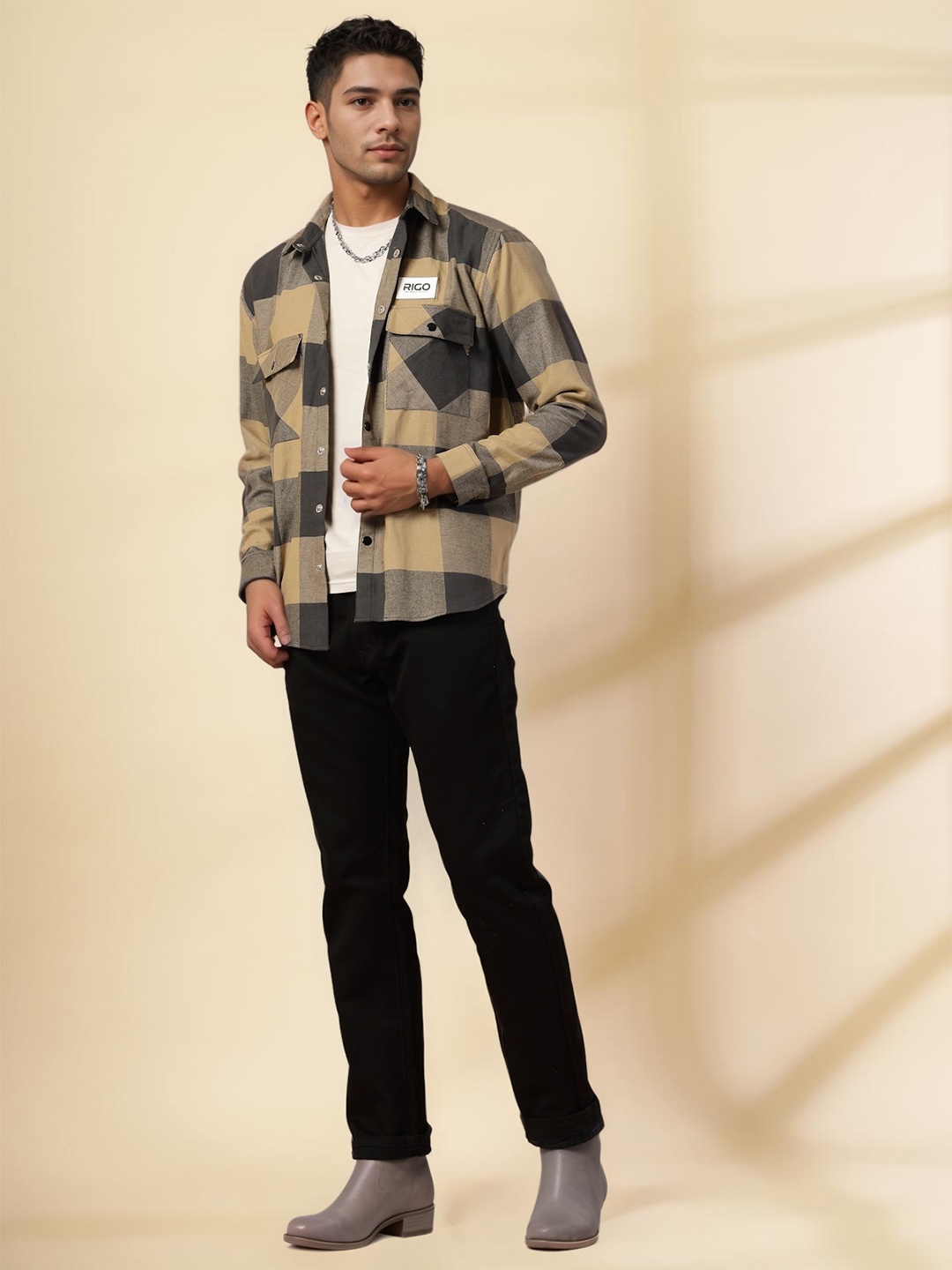 

Rigo Men Comfort Oversized Fit Cutaway Collar Buffalo Checked Cotton Casual Shirt, Beige