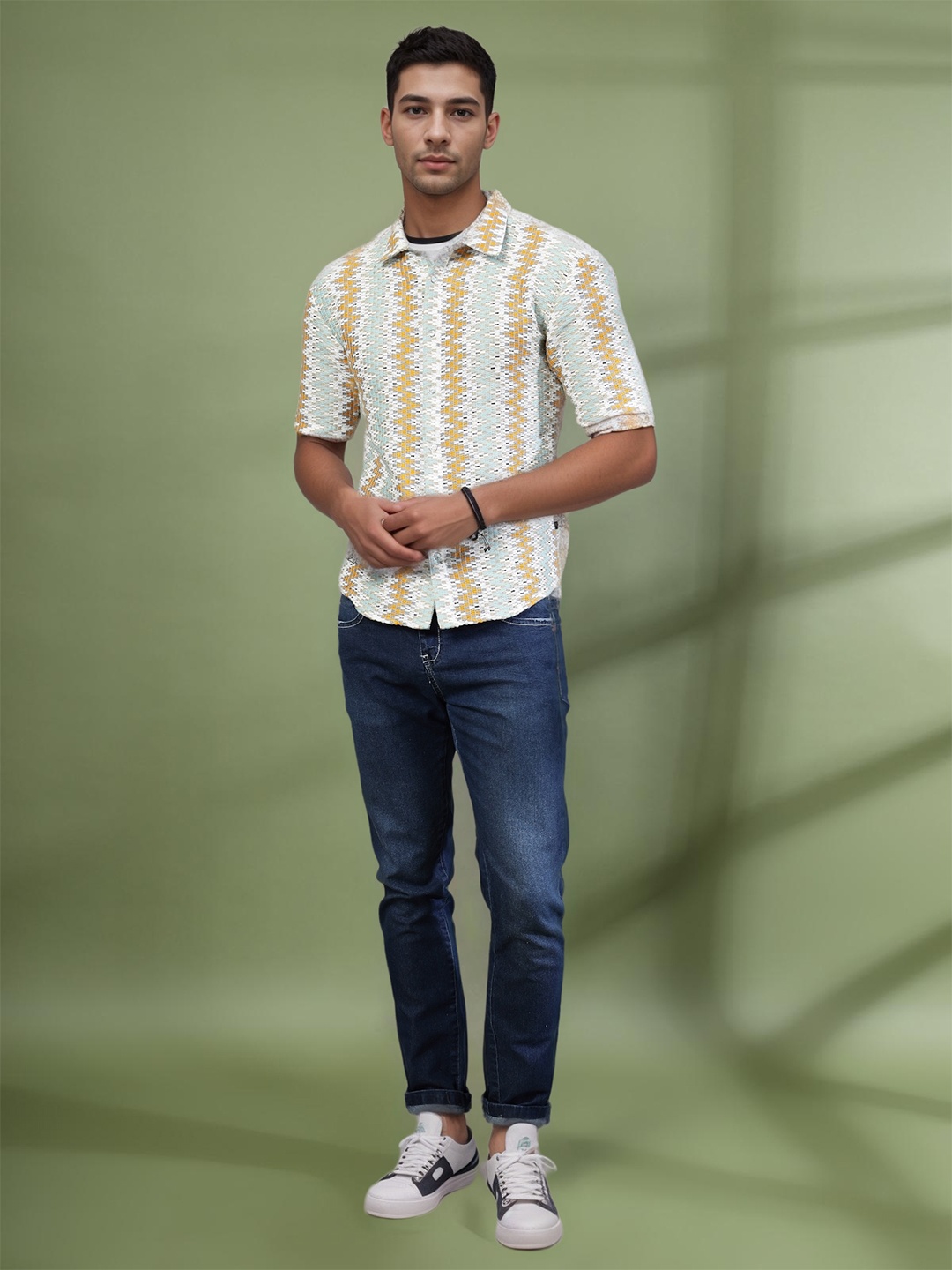 

Rigo Men Comfort Spread Collar Chevron Striped Cotton Casual Shirt, Blue