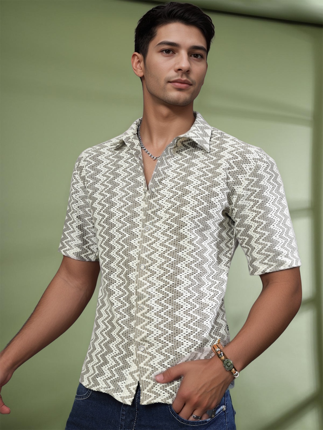 

Rigo Men Comfort Spread Collar Chevron Striped Cotton Casual Shirt, Brown